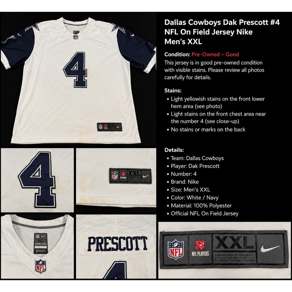 Nike Dallas Cowboys Dak Prescott 4 NFL On Field Jersey Mens XXL White Navy